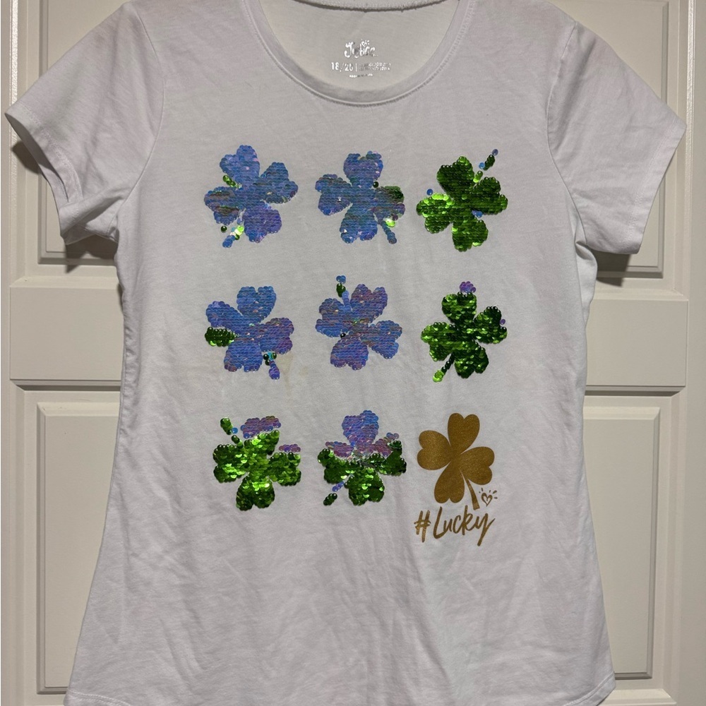 Justice Lucky ☘️ 4 leaf clover flip sequin shirt 18/20 plus st. Patrick’s day - Picture 3 of 6
